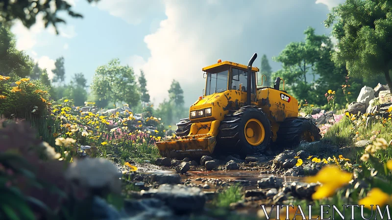 Yellow bulldozer rests in a sunlit wildflower valley stream