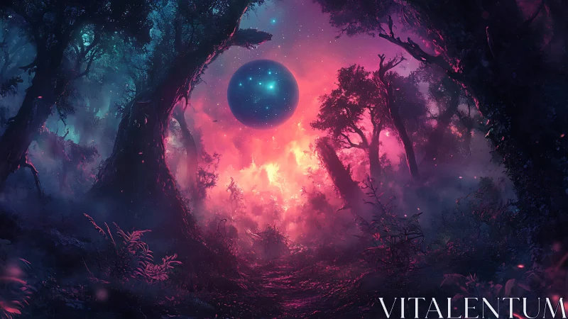 Neon astral forest under glowing cosmic sphere portal.