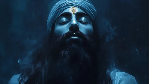 Serene turbaned figure rests in deep blue illuminated calm