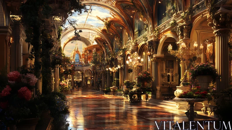 Baroque botanical arcade with gilded vaulted daylight optics.