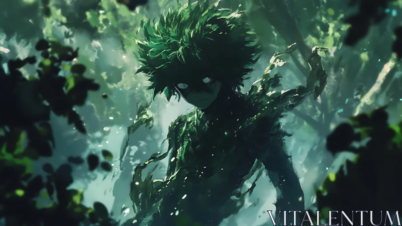 Forest guardian awakens in a swirl of emerald shadows.