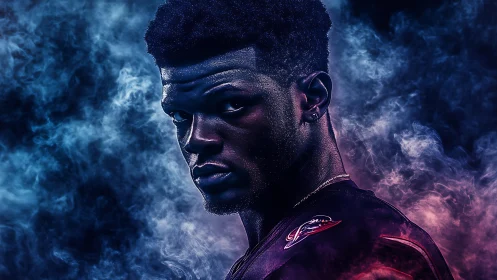 Cinematic portrait of athlete in dual-tone smoke backlighting