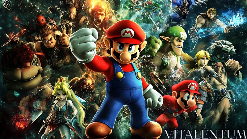 Mario stands in front of dynamic crossover battle scene