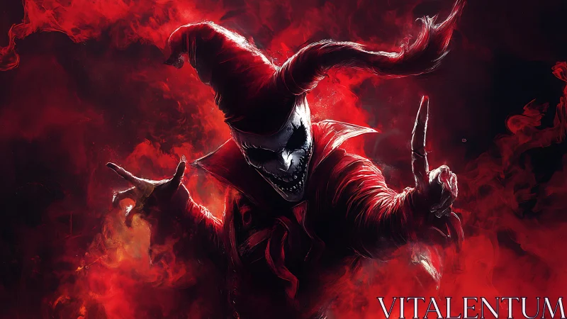 Fiery jester spirit dances in swirling red smoke and shadow