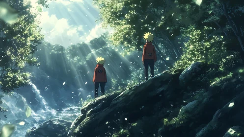 Twin figures in sunlight above river gorge, contemplative mood.