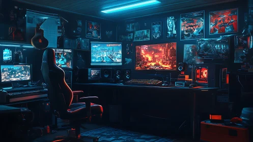 Cyberpunk dual-monitor battlestation with neon rim lighting.