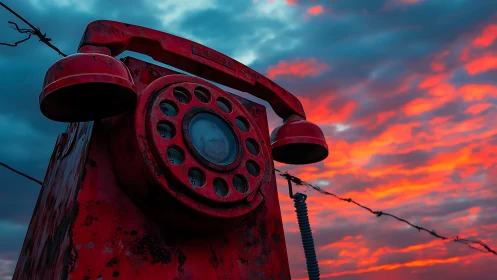 Weathered red rotary telephone contrasts against saturated sunset sky