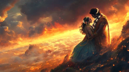 Divine Embrace Against Burning Skies.