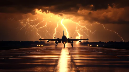 Storm-runway sentinel poised against molten thunder sky.