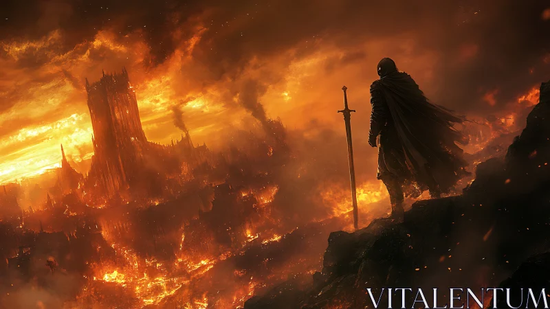 Cloaked Warrior Silhouetted Against Massive Burning Cathedral Architecture