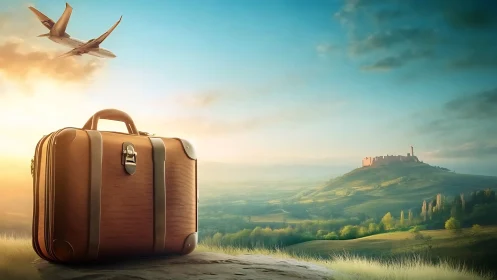 Suitcase on plateau with aircraft over rural landscape.