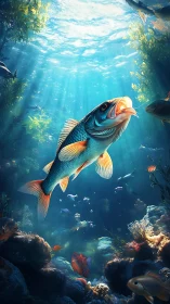 Central fish in illuminated underwater reef environment.