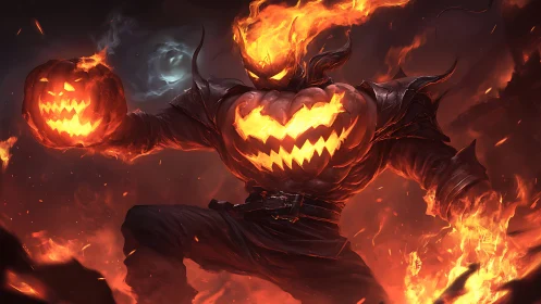 Fiery pumpkin warrior igniting a boldly spooky night.