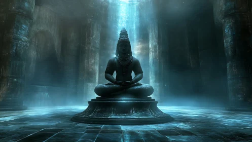 Seated stone deity statue in dimly lit subterranean hall.