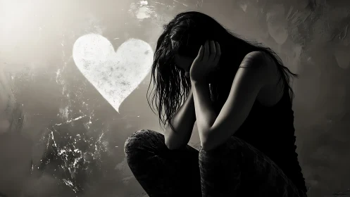 Monochrome portrait of distressed woman beside painted heart