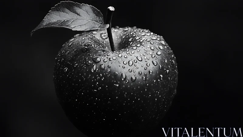 Monochrome macro apple with water droplets on dark backdrop.