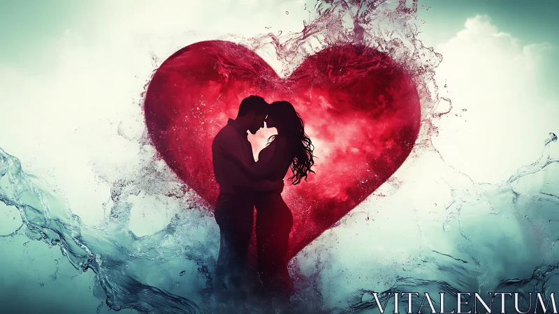 Silhouetted couple kissing within heart made of red explosive effect.