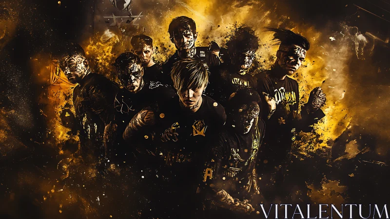 Metal band group portrait in fiery abstract splatter style.