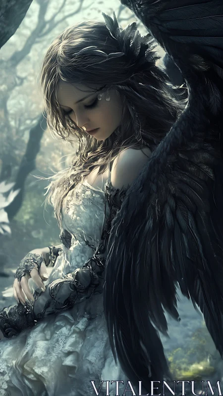 Winged female figure in forest with detailed dark plumage.