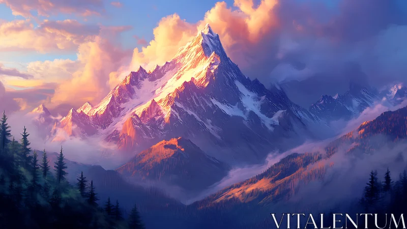 Mountain ridge stands under diffused sunset cloud illumination