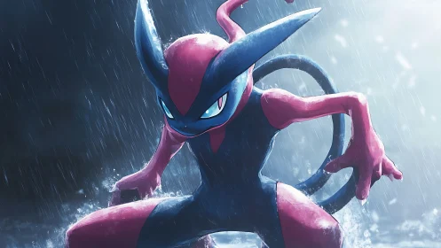 Red and blue ninja creature crouching in heavy rain.