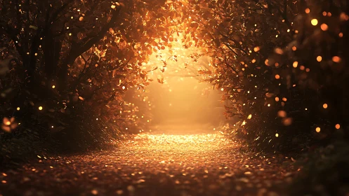 Sunlit forest path framed by dense autumn foliage
