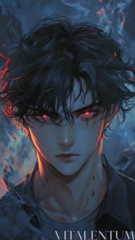 Brooding fire‑eyed hero wrapped in midnight blue glow.