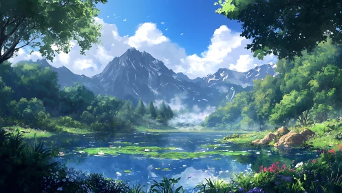 Atmospheric alpine lake with reflected peak and lush canopy.