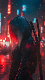 Hooded swordswoman stands in neon city street during rain