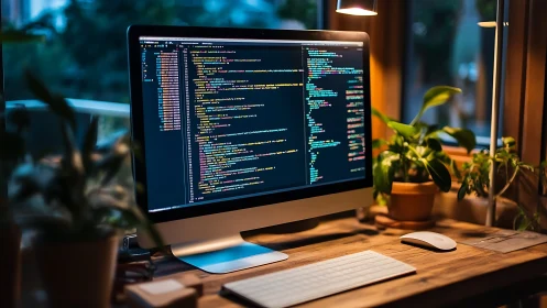 Backlit coding workstation shows IDE with syntax‑highlighted source