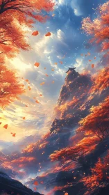 Golden autumn winds swirl around a distant mountain shrine.