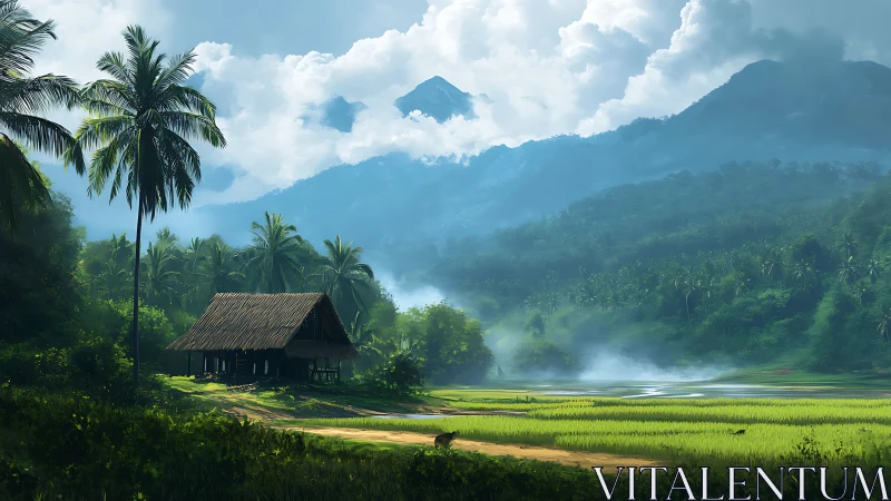 Misty mountain valley shelters a tranquil tropical rice hut