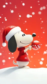Cartoon dog in Santa hat holding red snowflake bauble.