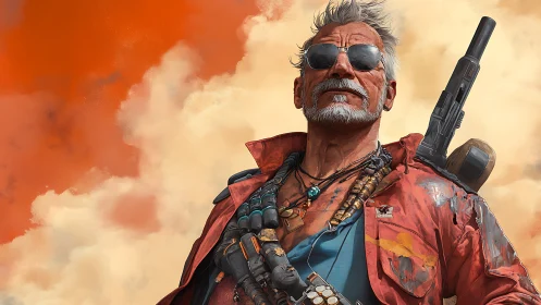 Veteran mercenary stands defiant before blazing orange sky.