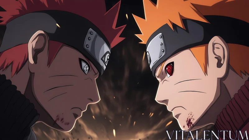 Rival ninja warriors lock eyes amid a storm of burning embers