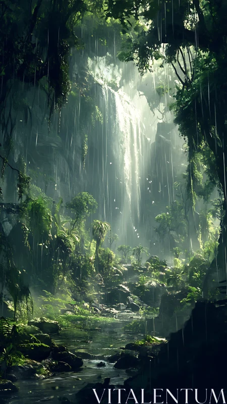 Sunlit Forest Canyon with Cascading Water and Vertical Vegetation