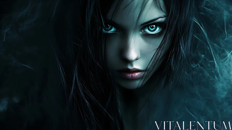 Mystical woman stares forward with glowing cyan eyes