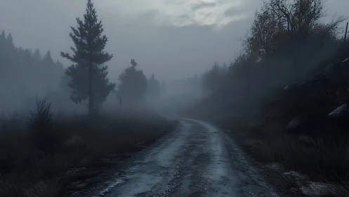 Narrow rural dirt road extends through dense morning fog