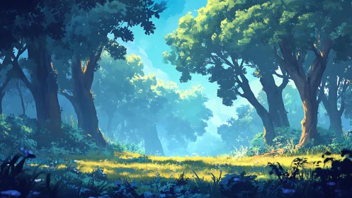 Forest clearing with towering trees and golden light