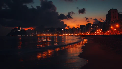 Coastal city skyline at dusk with illuminated shoreline lights.
