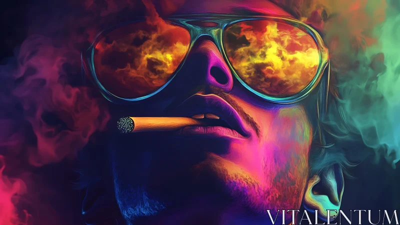 Psychedelic portrait with neon smoke and reflective shades.
