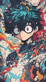 Explosive anime portrait with turbulent abstract energy fields
