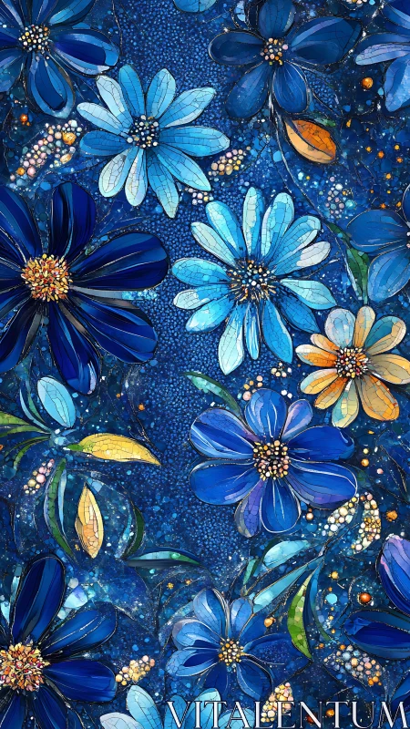 Blue Daisy Garden Blooms with Golden Centers.