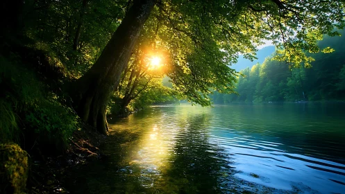 Sunlit river sanctuary beneath a cathedral of emerald leaves.
