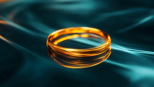 Elegant gold ring on shimmering teal background, modern digital art.