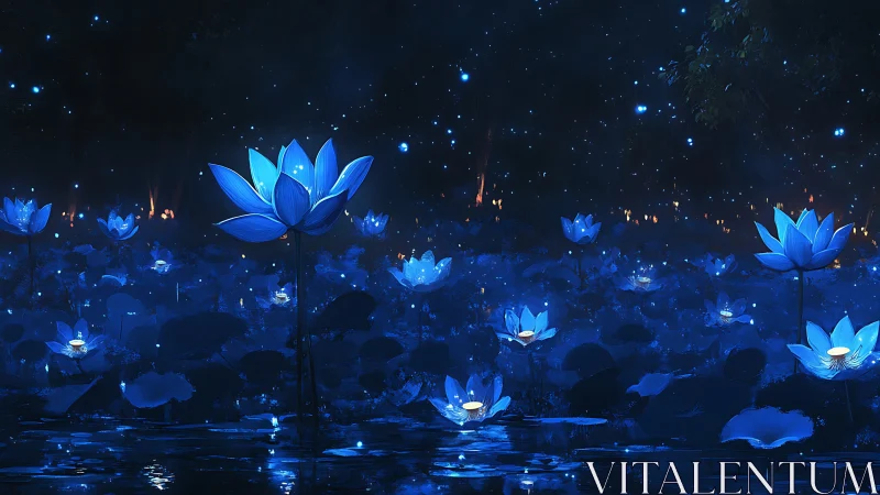 Luminous blue lotus field glows across midnight water.
