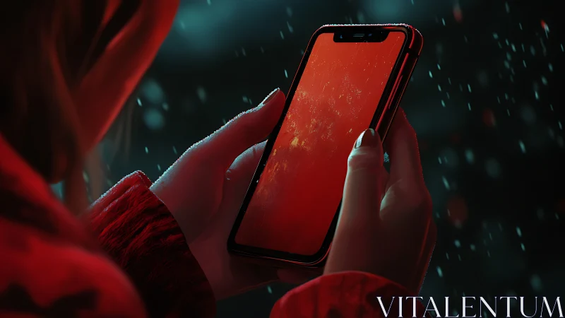 Red Smartphone in Frozen Hand During Winter Rain