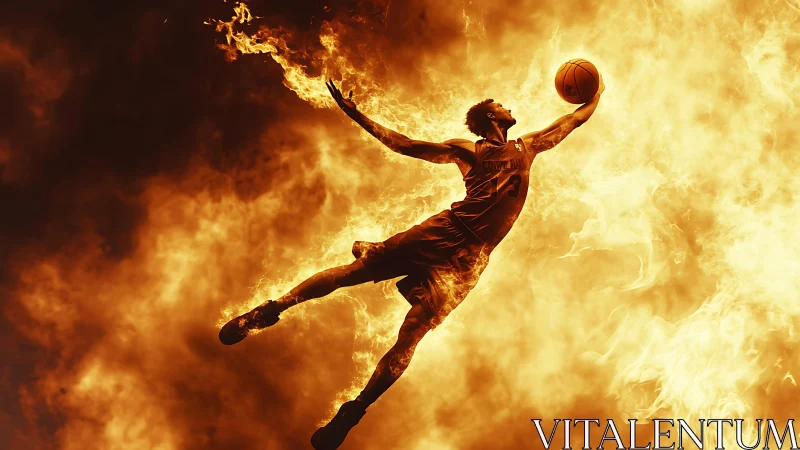 High-contrast flaming basketball dunk silhouette in midair motion