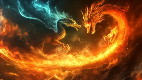 Dual elemental dragons orbit in a luminous cosmic vortex