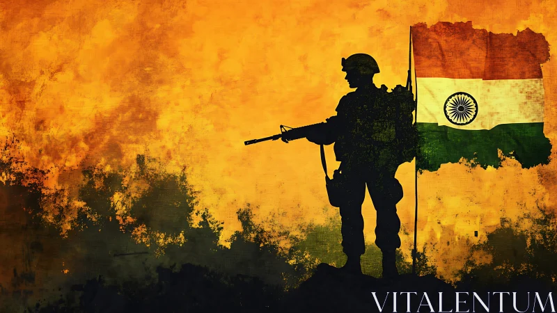 Indian soldier silhouette guards tricolor under burning sky